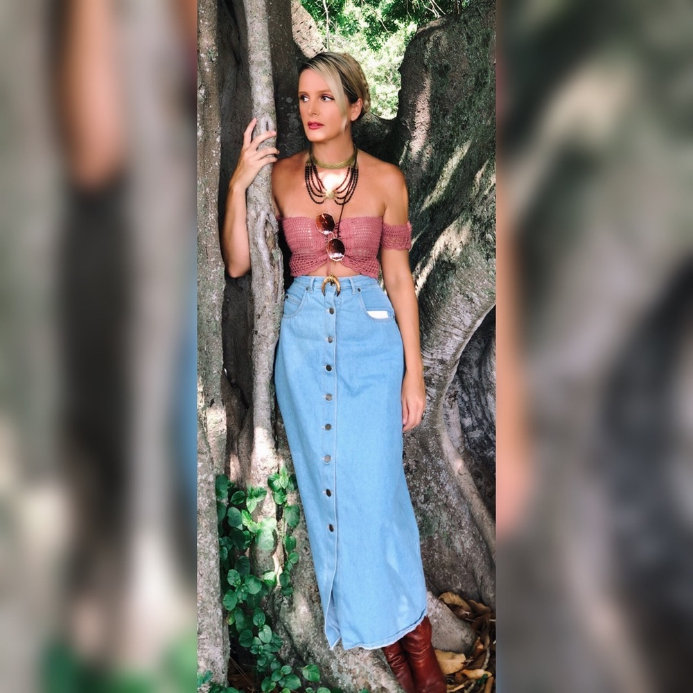 Vintage Midi Denim Skirt 80’s Button Front Size S